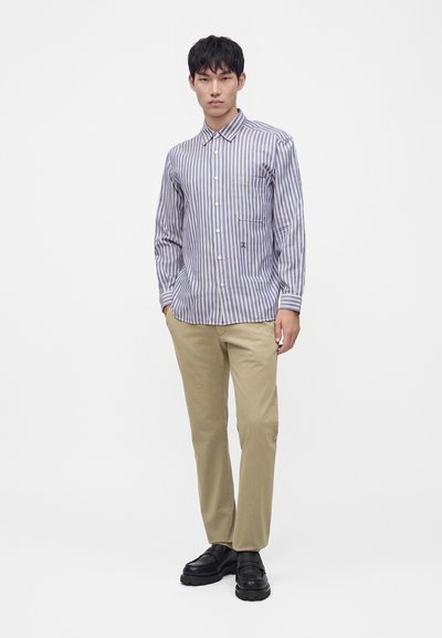 Homme debout portant une chemise à boutons rayée verticale bleue et blanche, pantalon beige et chaussures habillées noires sur un fond blanc uni.