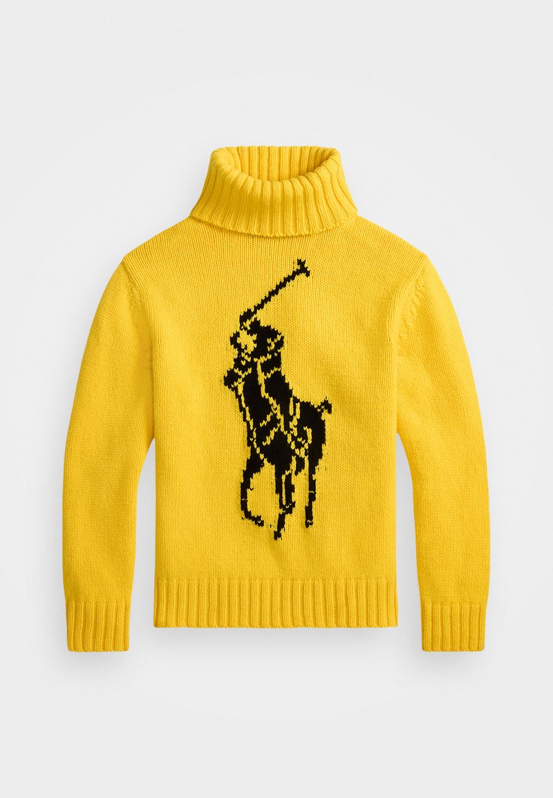 Maglione giallo a collo alto realizzato in tessuto lavorato a maglia, con un elegante design di un giocatore di polo in nero, rifinito con bordi a costine sul collo e sull'orlo.