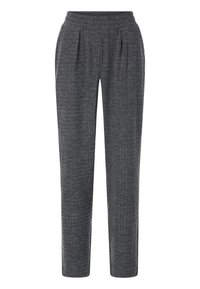 Un pantalon en chevron gris présente une taille élastique, des plis à l'avant et une coupe droite, adapté pour une tenue décontractée ou professionnelle.