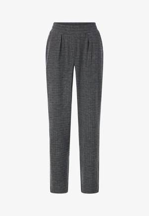 Gray herringbone trousers feature an elastic waistband, pleats at the front, and a straight-leg design, suitable for casual or business wear.