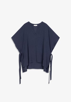 Marineblauw topje gemaakt van zachte stof, met een V-hals, korte brede mouwen en strikkoorden aan de zijkanten voor een verstelbare pasvorm.