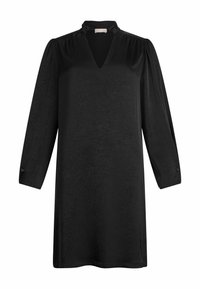 Abito nero con maniche lunghe, scollatura a V e tessuto testurizzato. Presenta spalle arricciate e polsini con bottoni. Design di lunghezza media.
