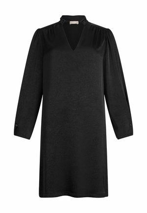 Vestido negro con mangas largas, escote en V y tejido texturizado. Presenta hombros fruncidos y puños abotonados. Diseño de longitud media.