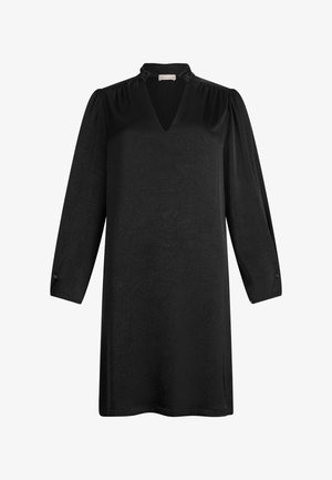 Rochie neagră cu mâneci lungi, decolteu în V și țesătură texturată. Dispune de umeri pliați și manșete cu nasturi. Design de lungime medie.