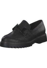 Zwarte leren loafers met een stevige zool, voorzien van een decoratieve band en gespdetail. Gladde textuur en rond toelontwerp.