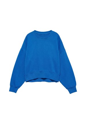 Blå crewneck sweatshirt med lange ærmer og ribstrikkede manchetter og kant, vist på en hvid baggrund.
