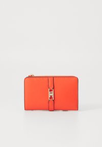 Bright orange wallet made of smooth material, featuring a gold accent clasp and black trim. Rectangular shape with a zip closure.