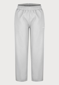 Ljusgrå ribbade byxor med elastiskt midjeband, sidofickor och en subtil logodetalj nära midjan, designade för komfort och enkelhet.