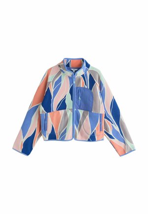 Bunte Fleecejacke mit abstrakten wellenförmigen Mustern in Blau, Pink, Pfirsich und Grau, mit Frontreißverschluss und Brusttasche mit Reißverschluss.