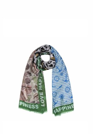 Scarf with green borders featuring the text "LOVE HAPPINESS," seashell and coral patterns on one side, and nautical anchors and ship wheels on the other.