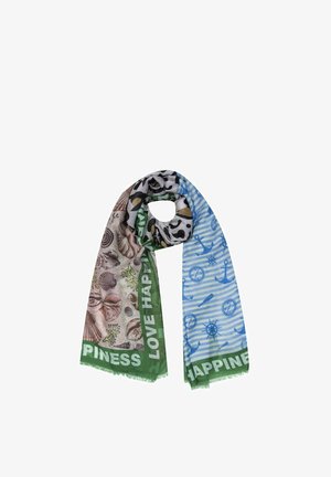 Sjaal met groene randen met de tekst "LOVE HAPPINESS", schelpen- en koraalpatronen aan de ene kant, en nautische ankers en scheepssturen aan de andere.
