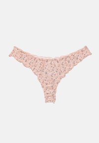 Perizoma rosa chiaro arricciato con piccolo motivo floreale scuro e un piccolo fiocco al centro della fascia in vita.