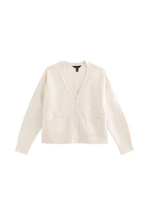 Kremowy kardigan, miękka tekstura, dekolt w serek, pięć guzików z przodu, dwie przednie kieszenie oraz długie rękawy.