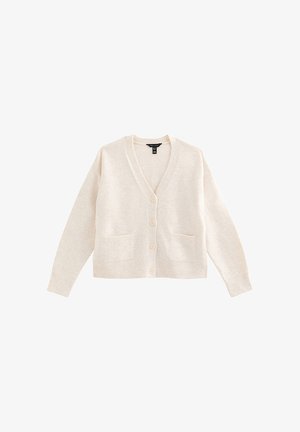 Kremowy kardigan, miękka tekstura, dekolt w serek, pięć guzików z przodu, dwie przednie kieszenie oraz długie rękawy.
