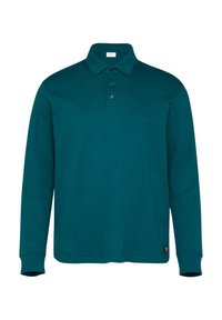 Türkisfarbenes Langarm-Polohemd aus Baumwolle. Verfügt über einen Kragen, drei Knöpfe und gerippte Ärmelbündchen. Minimale Markenkennzeichnung am Saum.