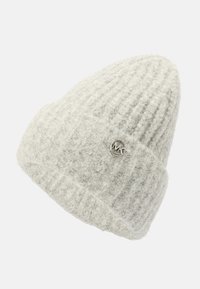 Cappello beanie grigio lavorato a maglia con una trama a costine e una bordo piegato. Presenta un dettaglio logo argentato sulla parte anteriore. Realizzato in materiale misto lana.