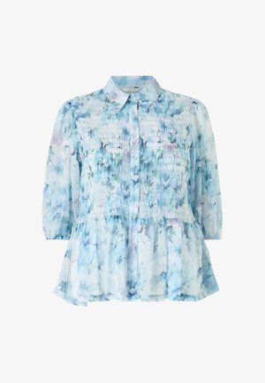 Jasnoniebieska kwiecista bluzka ze ściąganym stanem, zapinana na guziki z przodu, z rękawami do łokcia z bufkami i rozszerzanym dołem peplum.