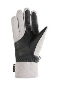 Die Gore-Tex-Handschuhe verfügen über ein graues Obermaterial aus Stoff und eine schwarze Lederhandfläche. Das Design umfasst fünf Finger und ein elastisches Handgelenk mit einem Etikett.