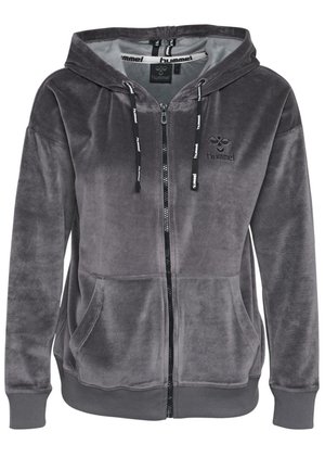 Haut de sweat à capuche zippé gris en matériau polaire doux. Doté d'une capuche, de poches avant et de cordons noirs avec des accents de logo sur la poitrine.