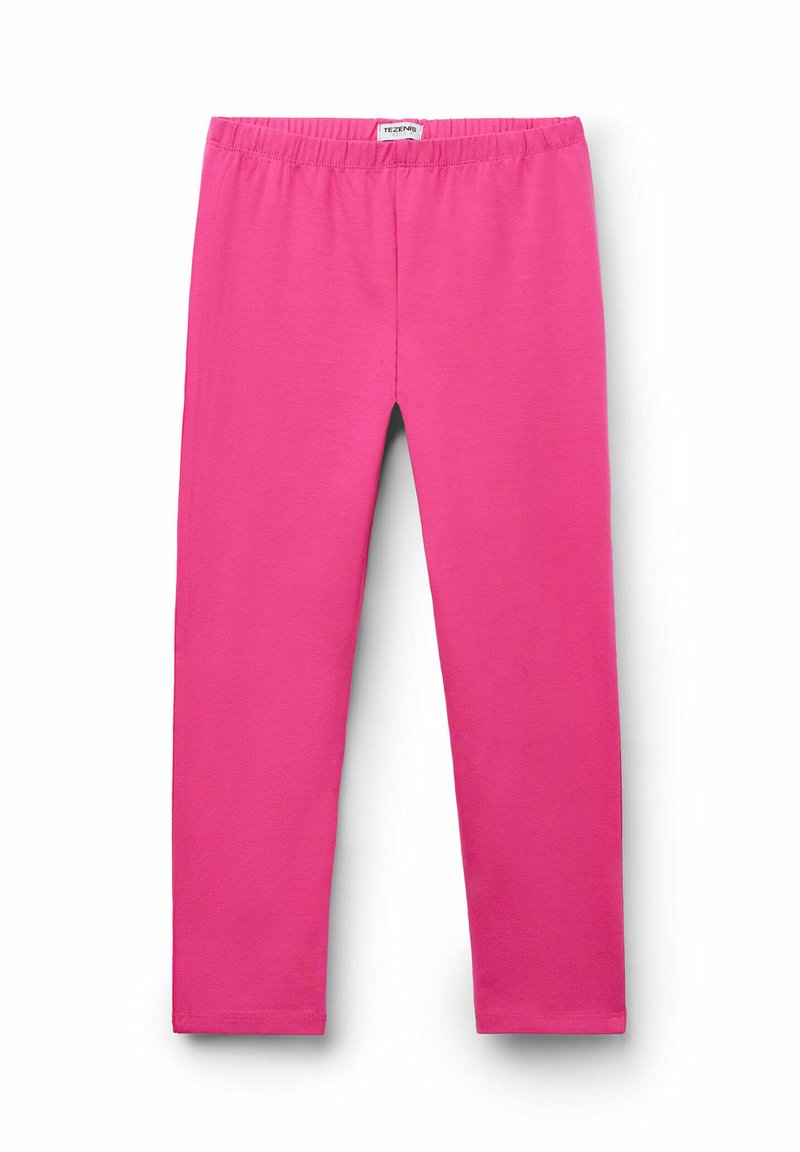 Leggings roses en coton doux, dotés d'une taille élastique, d'une texture lisse et de jambes effilées sans motifs ni accents supplémentaires.