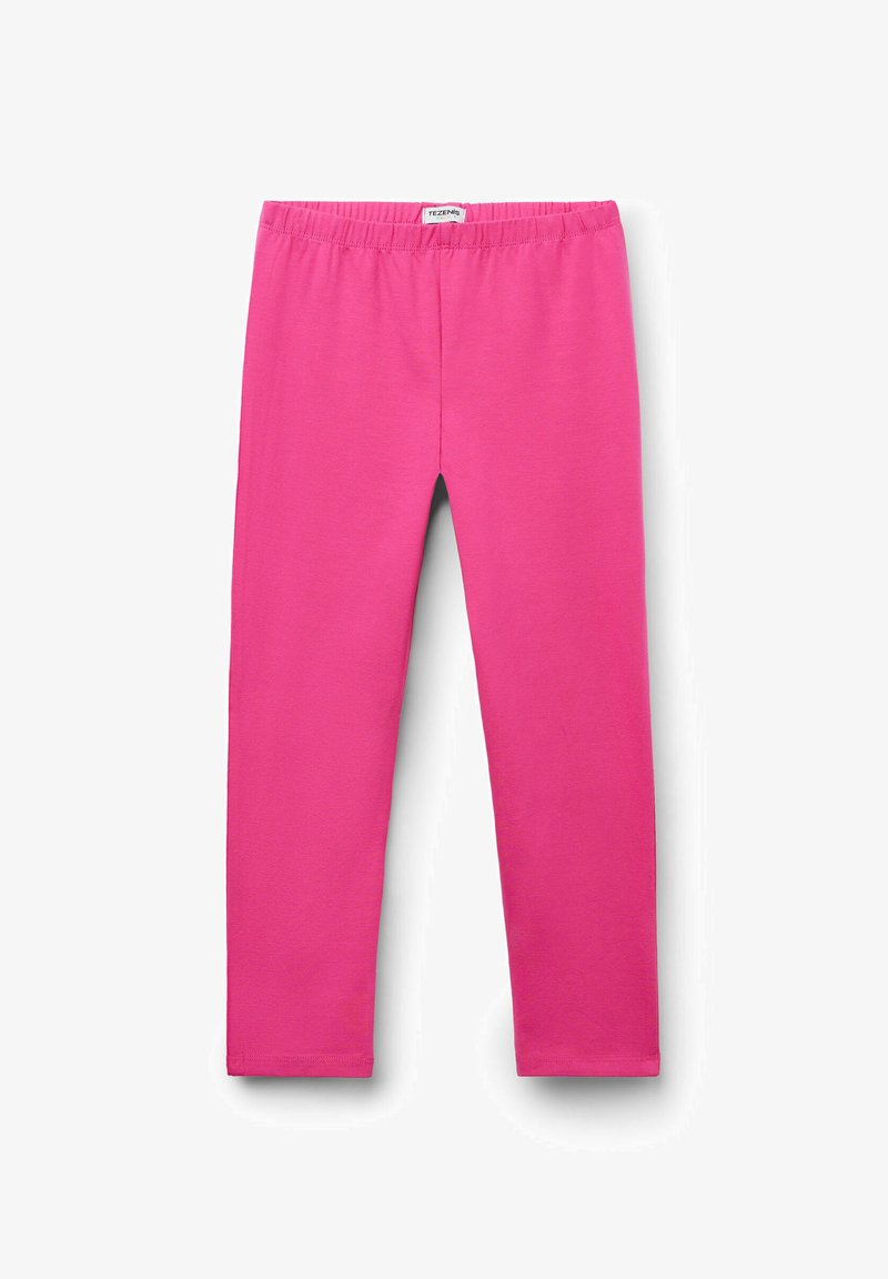 Růžové legíny vyrobené z měkké bavlny, s elastickým pasem, hladkou strukturou a zúženými nohavicemi bez dalších vzorů či akcentů.