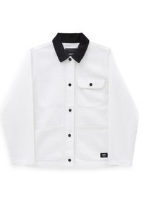 Veste en jean blanche avec un col en velours côtelé noir. Comprend deux poches avant et des fermetures à boutons noirs. Design texturé avec une coupe décontractée.