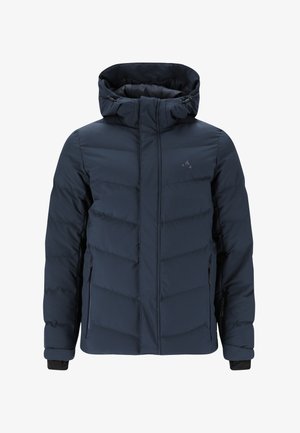 Tummansininen vuorellinen talvitakki hupulla, etuvetoketjulla, sivuvetoketjutaskuilla ja säädettävillä hihansuilla, suunniteltu kylmälle säälle.