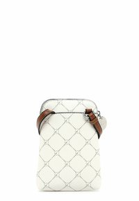 Sac à bandoulière en cuir blanc avec un motif géométrique gris, sangle réglable marron, fermeture éclair argentée et accent de logo en métal. Forme rectangulaire compacte.