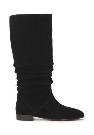 Black suede knee-high boots with a slouch design, featuring a rounded toe and a low block heel. Smooth texture with minimal stitching.