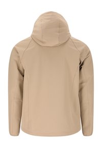 Veste à capuche beige vue de dos, présentant des manches longues et des détails de couture apparente.