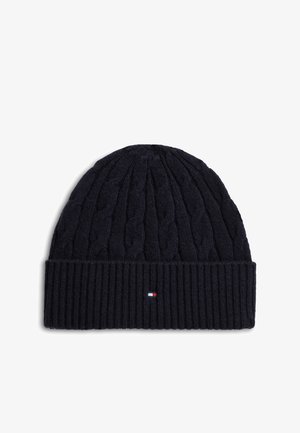 Tommy Hilfiger, LAMBSWOOL BLEND CABLE KNIT FLAG BEANIE - Плетена шапка - space blue