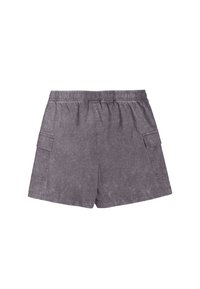 Graue Cargo-Shorts mit elastischem Bund. Hergestellt aus strukturiertem Stoff, mit Seitentaschen und einer ausgebleichten Optik.