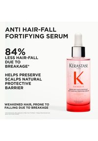 Kerastase Genesis anti-hårtap styrkende serum i en klar rosa flaske med sort lokk, med fet hvit og svart tekst på en lys bakgrunn.