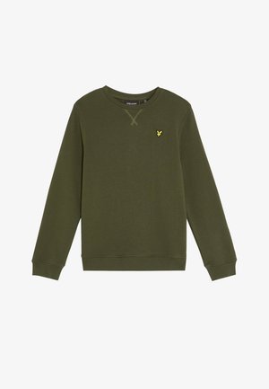 Sweat-shirt vert foncé à manches longues et col rond, avec un petit logo d'oiseau jaune sur la poitrine gauche et des poignets et un ourlet côtelés.