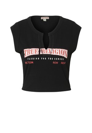 Čierny krátky tielkový top bez rukávov s výstrihom do V a nápisom "TRUE RELIGION" v bielej a červenej potlači na hrudi.