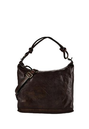 Dunkelbraune Lederschultertasche mit verstellbarem Riemen und geknoteten Griffen, vor weißem Hintergrund gezeigt.