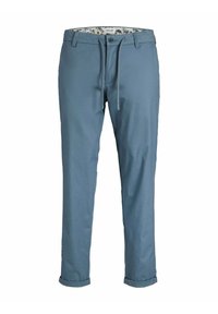 Pantaloni in cotone blu con taglio dritto, dotati di risvolti, cintura con coulisse e fodera interna a motivo.