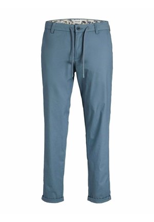 Pantaloni in cotone blu con taglio dritto, dotati di risvolti, cintura con coulisse e fodera interna a motivo.