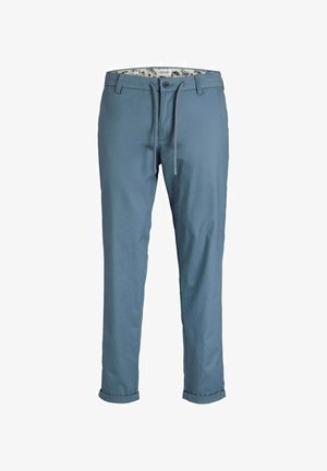 Pantaloni in cotone blu con taglio dritto, dotati di risvolti, cintura con coulisse e fodera interna a motivo.