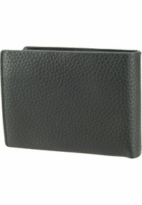 Portafoglio in pelle nera con superficie testurizzata, design bi-fold e angoli arrotondati. Presenta cuciture visibili lungo le giunture.