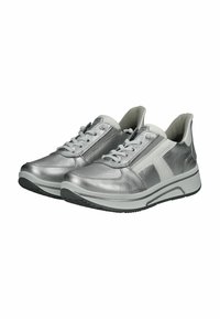 Metallic silver athletic shoes with white accents, textured leather upper, lace-up design, padded collar, and cushioned sole.