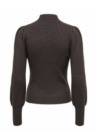 Pull en maille côtelée marron foncé avec col montant, manches longues bouffantes et poignets ajustés, vu de dos.