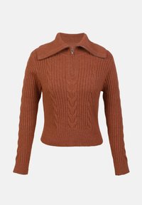 Rustfarget, ribbet genser med stor krage og kvart glidelås. Strukturert kabelstrikkedesign, tettsittende midje og lange ermer.