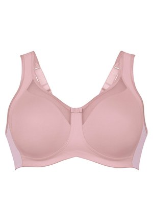 Soutien-gorge rose intégral avec bonnets moulés, bretelles ajustables et accents en mesh transparent sur les côtés pour la ventilation. Matière lisse et confortable.