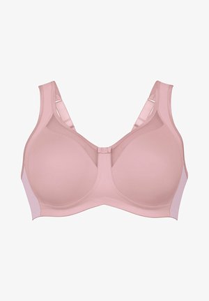 Roze volledig dekkende bh met voorgevormde cups, verstelbare bandjes en doorschijnende mesh accenten aan de zijkanten voor ventilatie. Gladde, ondersteunende stof.