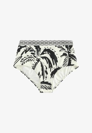 Fekete-fehér, magasított derékú bikini alsó pálmalevél mintával és mintás szegéllyel a derékrészen. Simogató, rugalmas anyag.