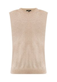 Top in maglia senza maniche beige con scollo rotondo, orlo a costine e texture morbida. Design semplice con finitura uniforme in tutto il capo.