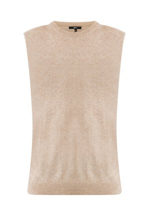 Beige mouwloos gebreid topje met een ronde halslijn, geribbelde zoom en een zachte textuur. Eenvoudig ontwerp met een gelijkmatige afwerking overal.