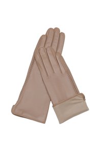 Tan leather gloves with stitched detailing and beige fabric cuffs, laid flat overlapping on a white background.