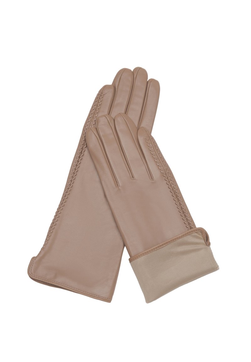 Tan leather gloves with stitched detailing and beige fabric cuffs, laid flat overlapping on a white background.